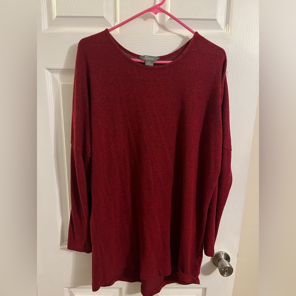 red tunic / sweater dress with black accent.